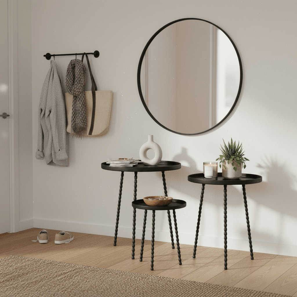 Sort Salvo sidebord plassert i gang med speil, veggknagger og dekorative detaljer