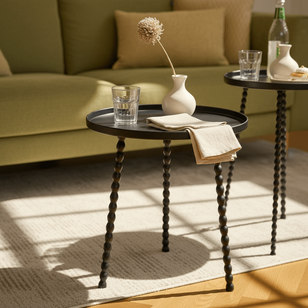 Runde svarte sidebord plassert ved sofa i nordisk stue