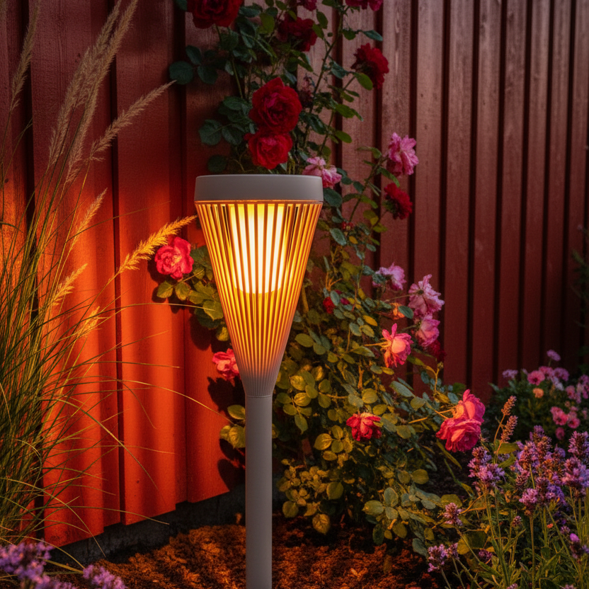 Solar flame light by red Norwegian fence