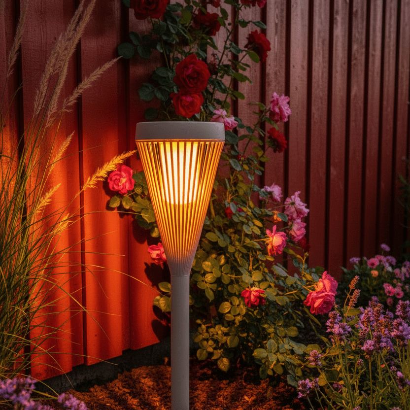 Solar flame light by red Norwegian fence
