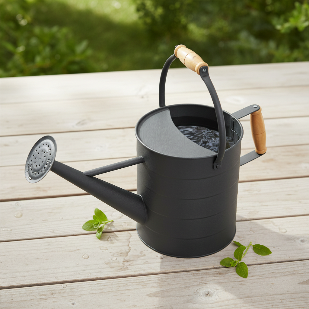 Vannkanne mørk grå metall 42 cm galvanisert jern med trehåndtak