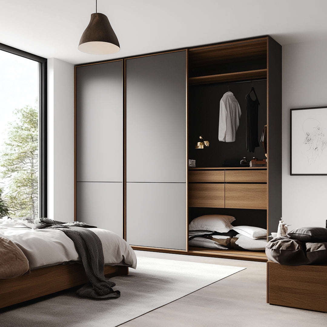 Soverom med moderne garderobeskap fornyet med Uni Matt Grå kontaktplast – perfekt for en stilren og tidløs look