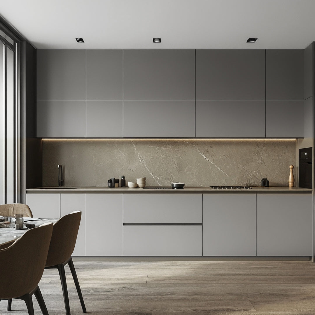 Eksklusivt kjøkken med matte grå skap i Uni Matt Grå kontaktplast – en budsjettvennlig måte å få luksusfølelse på kjøkkenet.
