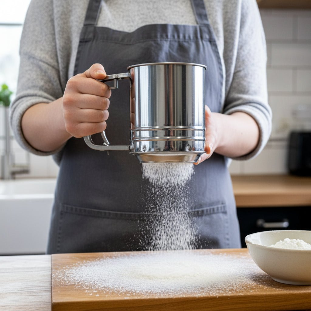 Melsikt i rustfritt stål fra KitchenCraft i bruk til sikting av mel over bakebord