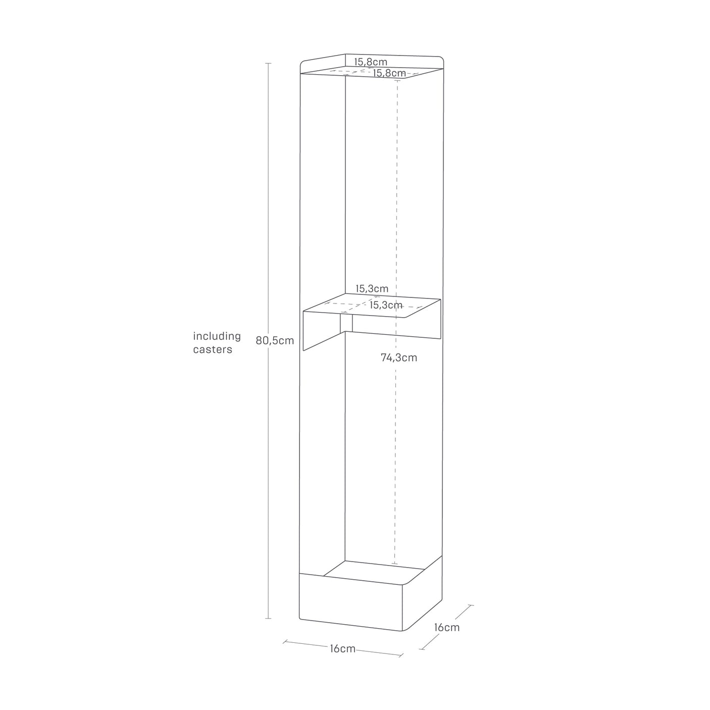 Smal oppbevaringsløsning til bad med justerbar magnetisk hylle