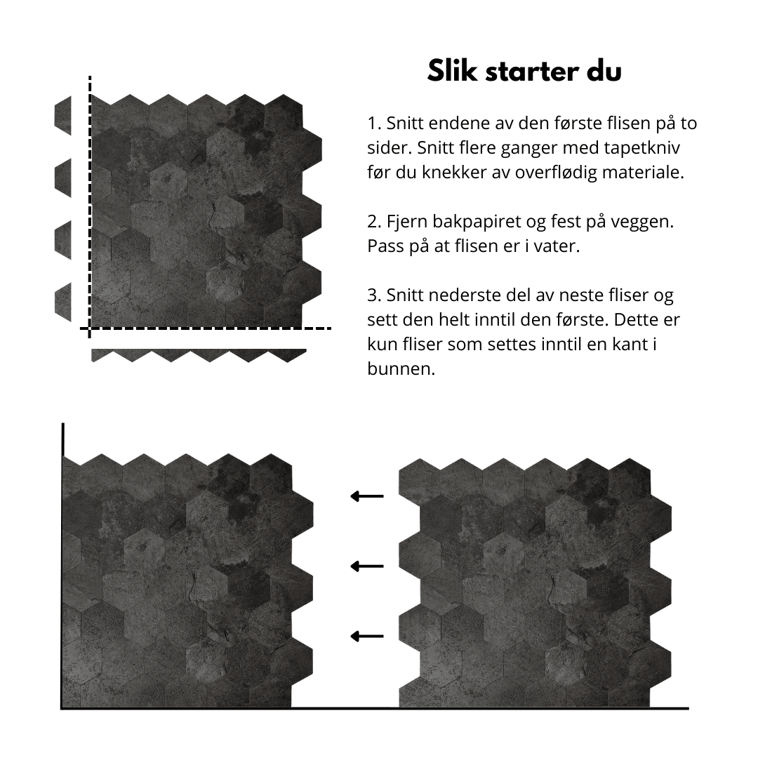 10 - pk Hexagon mørkegrå betong selvklebende veggfliser - Lindas Dekor