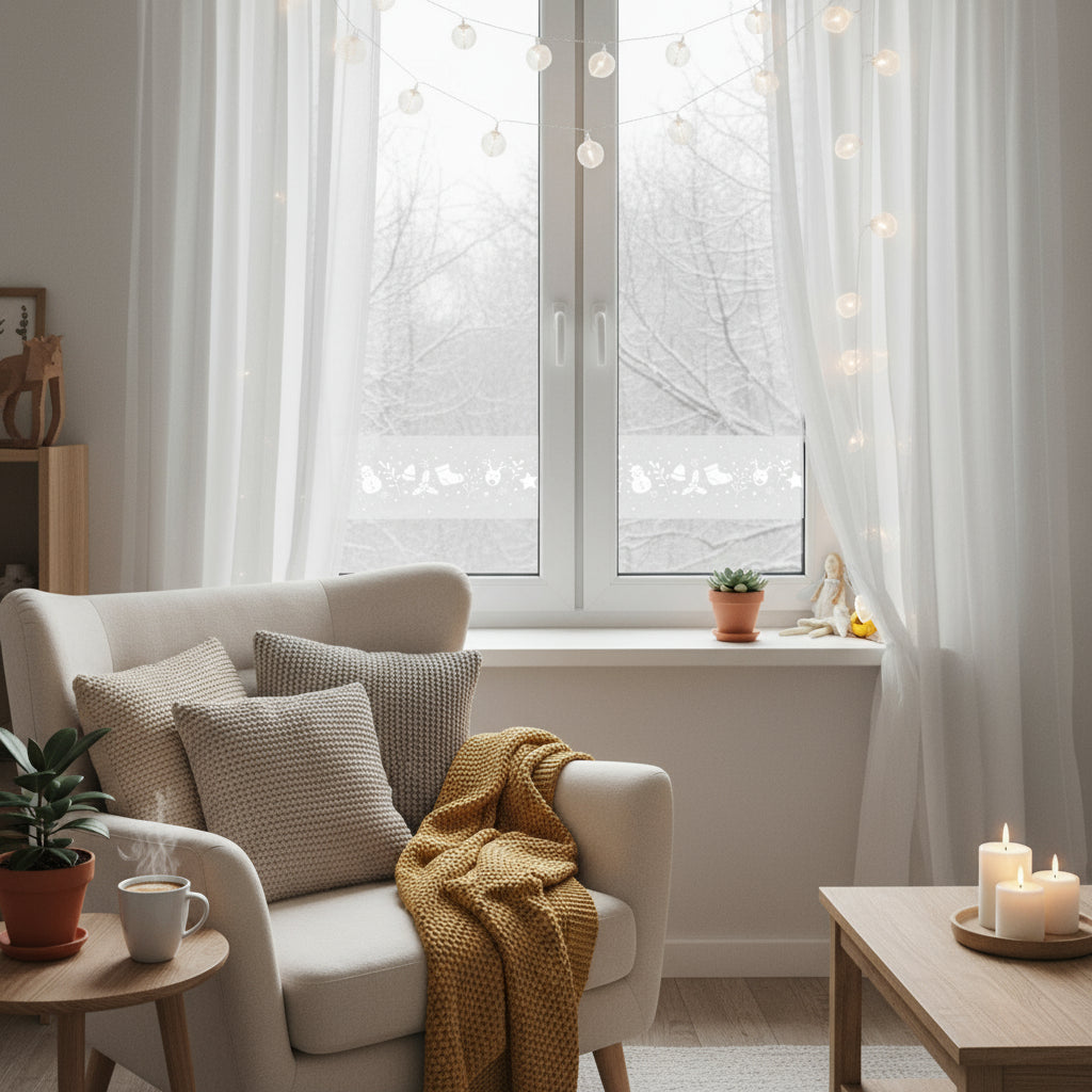 Gjenbrukbar vinterfolie på vindu med lys og julepynt fra Lindas Dekor