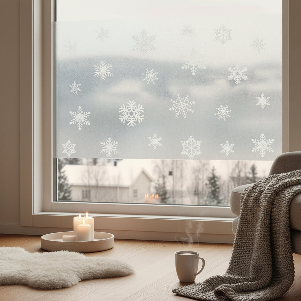 Vindusfolie med snøfnuggmotiv på vindu med vinterutsikt fra Lindas Dekor