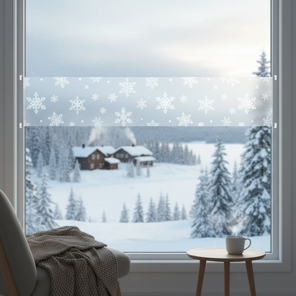Limited Static Snowflake vindusfolie montert på vindu med frost