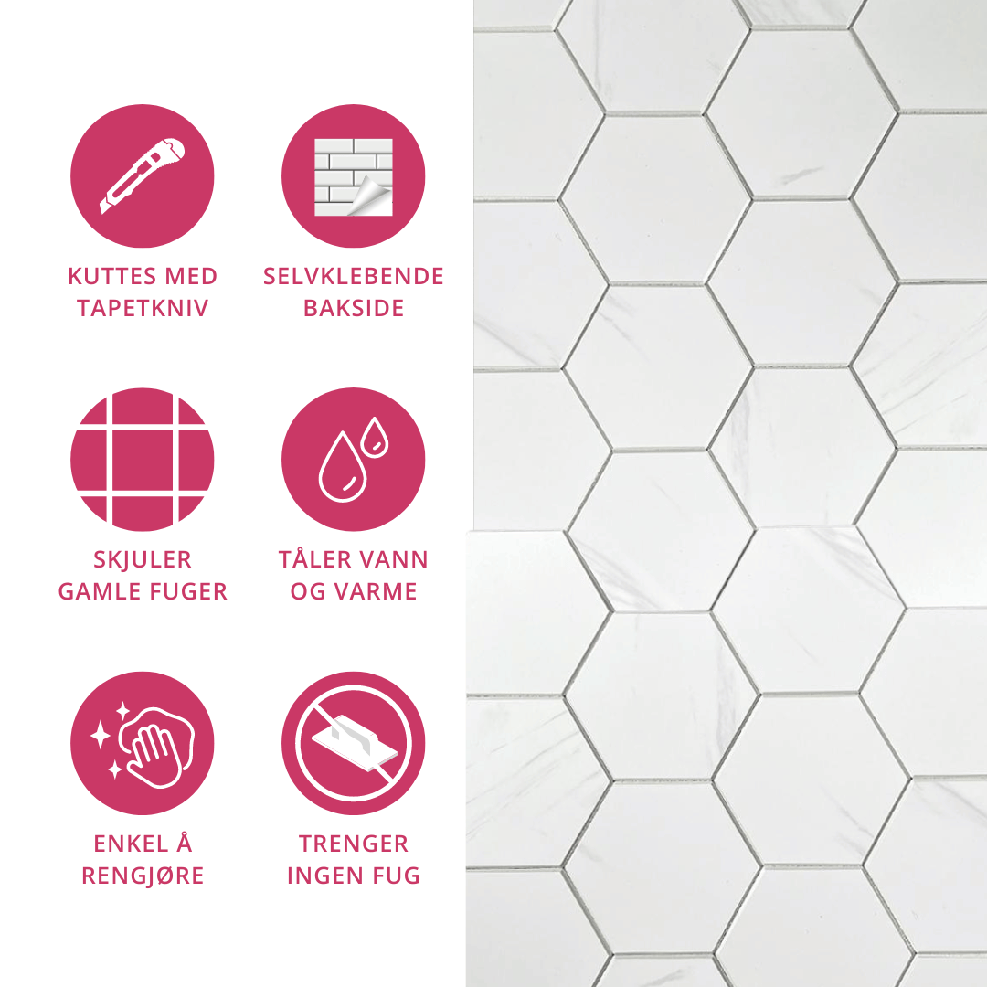 Hexagonfliser gir et grafisk og dekorativt preg på veggen.