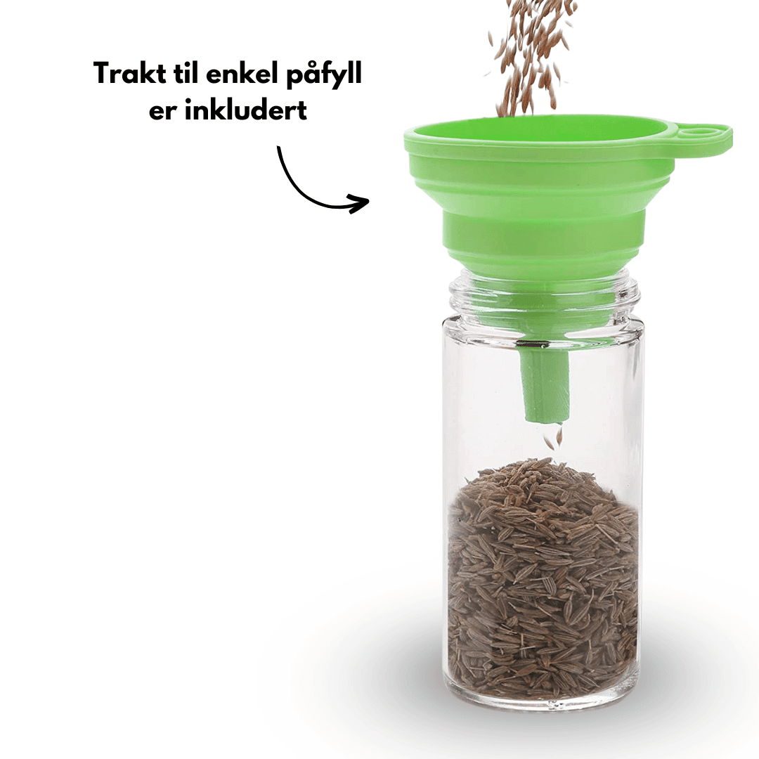 Rund krydderglass med tæt lokk for at bevare friskheden