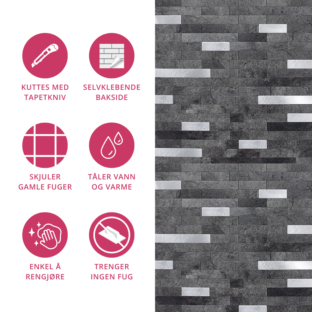 10-pk Stein mørk grå selvklebende veggfliser
