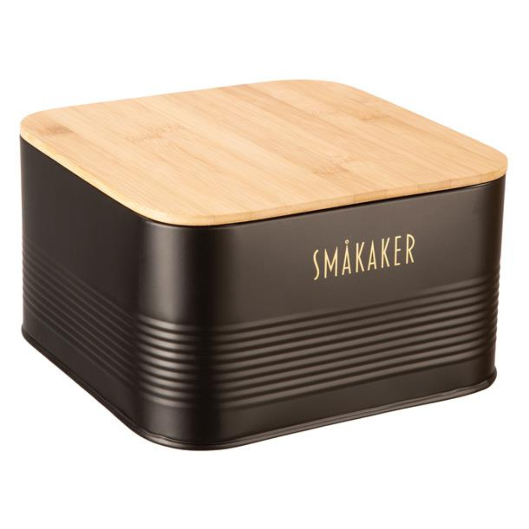 Tett boks til småkaker i metall og bambus – perfekt oppbevaring på kjøkkenet.