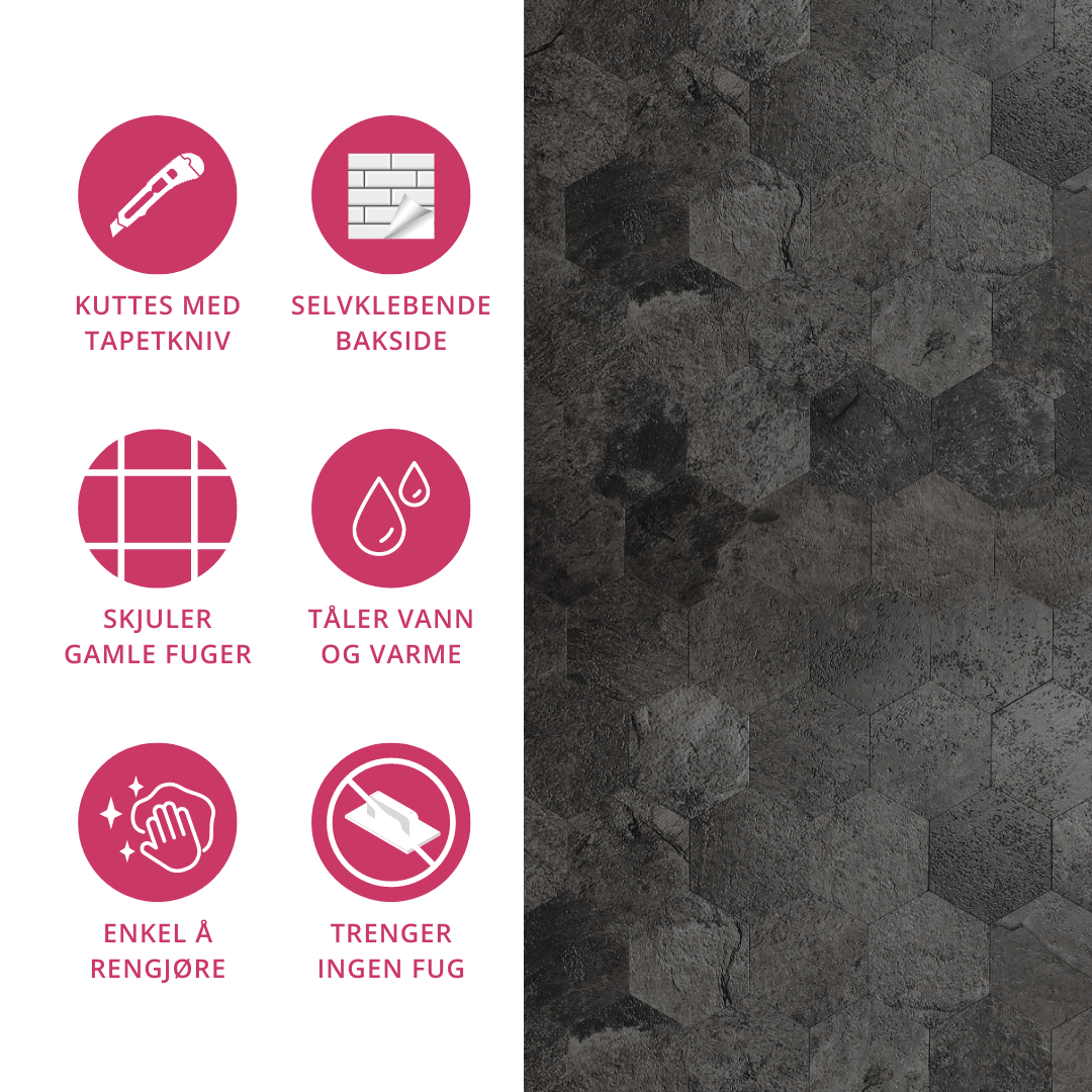 10-pk Hexagon mørkegrå betong selvklebende veggfliser