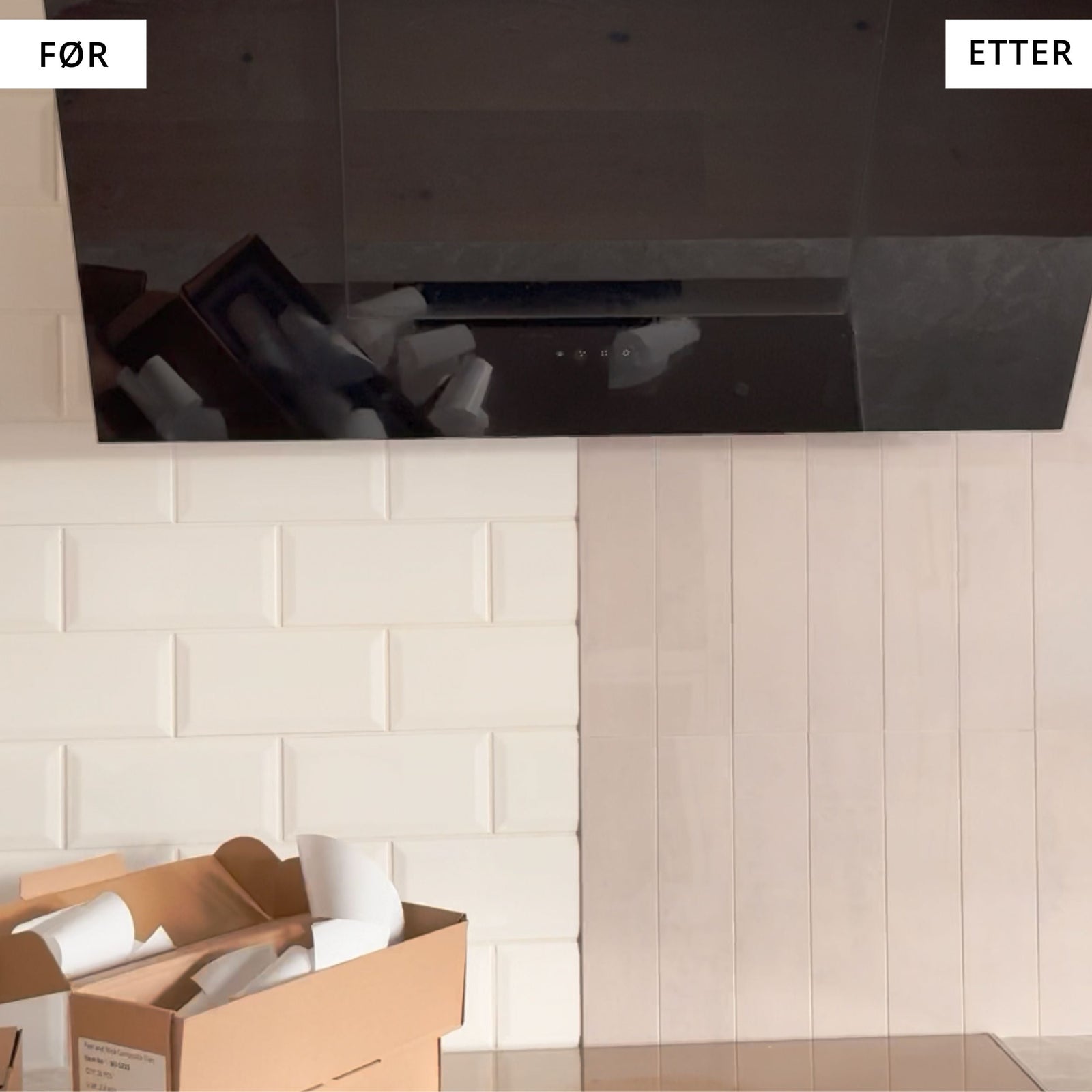 Camilla Bakken sin kjøkkenoppgradering med Louise gloss creme fliser og Cortes marmor