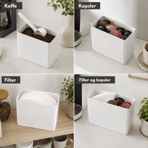 Hvit kaffeboks brukt til oppbevaring av kaffe, kaffekapsler og kaffefilter i fire ulike varianter.