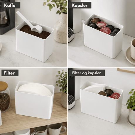 Hvit kaffeboks brukt til oppbevaring av kaffe, kaffekapsler og kaffefilter i fire ulike varianter.