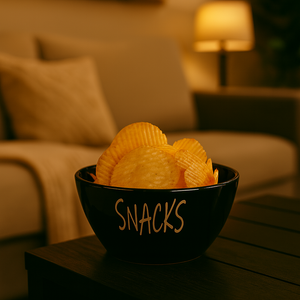 Snacks-skål med potetchips på bord i stylet stue med varm belysning.