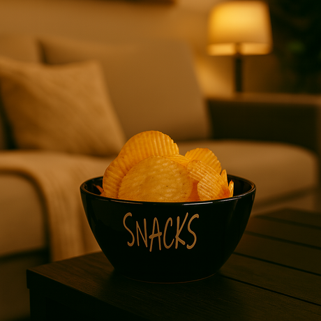 Snacks-skål med potetchips på bord i stylet stue med varm belysning.