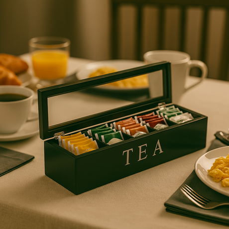Svart teboks med 6 rom fylt med teposer, plassert på et dekket frokostbord med kaffe og juice.