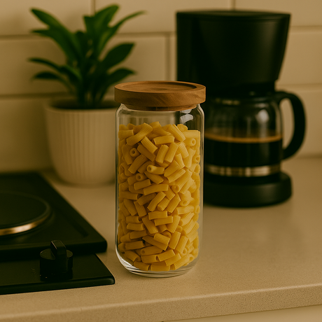 Glasskrukke med lokk fylt med pasta, plassert på kjøkkenbenk ved kaffetrakter, kokeplate og grønn plante.