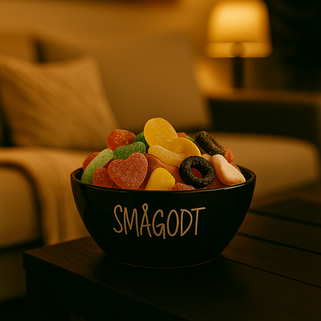 Svart skål merket "Smågodt" fylt med fargerikt godteri, plassert på bord i stemningsfull stue med dempet belysning.