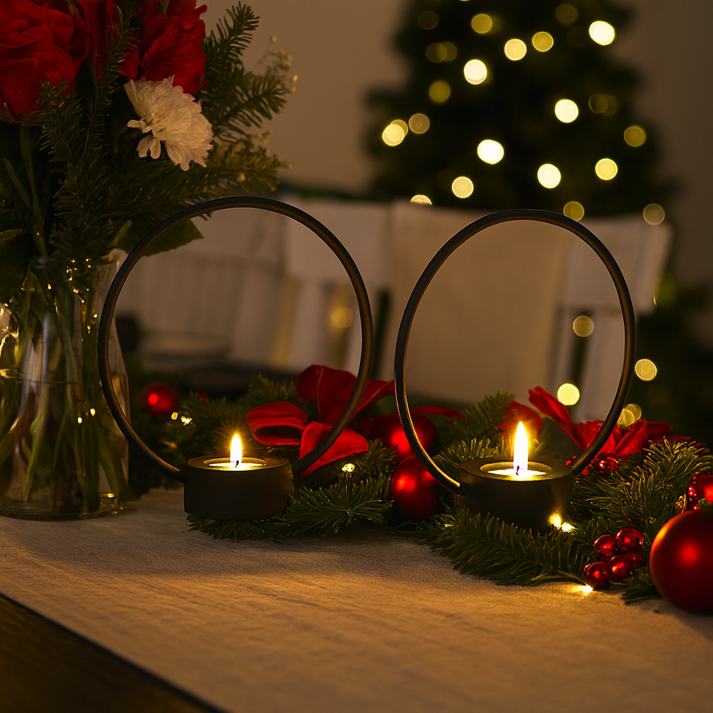 To sorte metallstaker med sirkel og tente lys på julepyntet bord med røde og grønne detaljer.