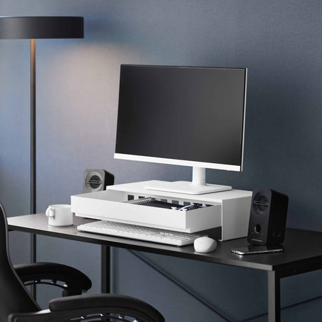 Hvitt skjermstativ med skuff til skrivebord og oppbevaring av kontorutstyr