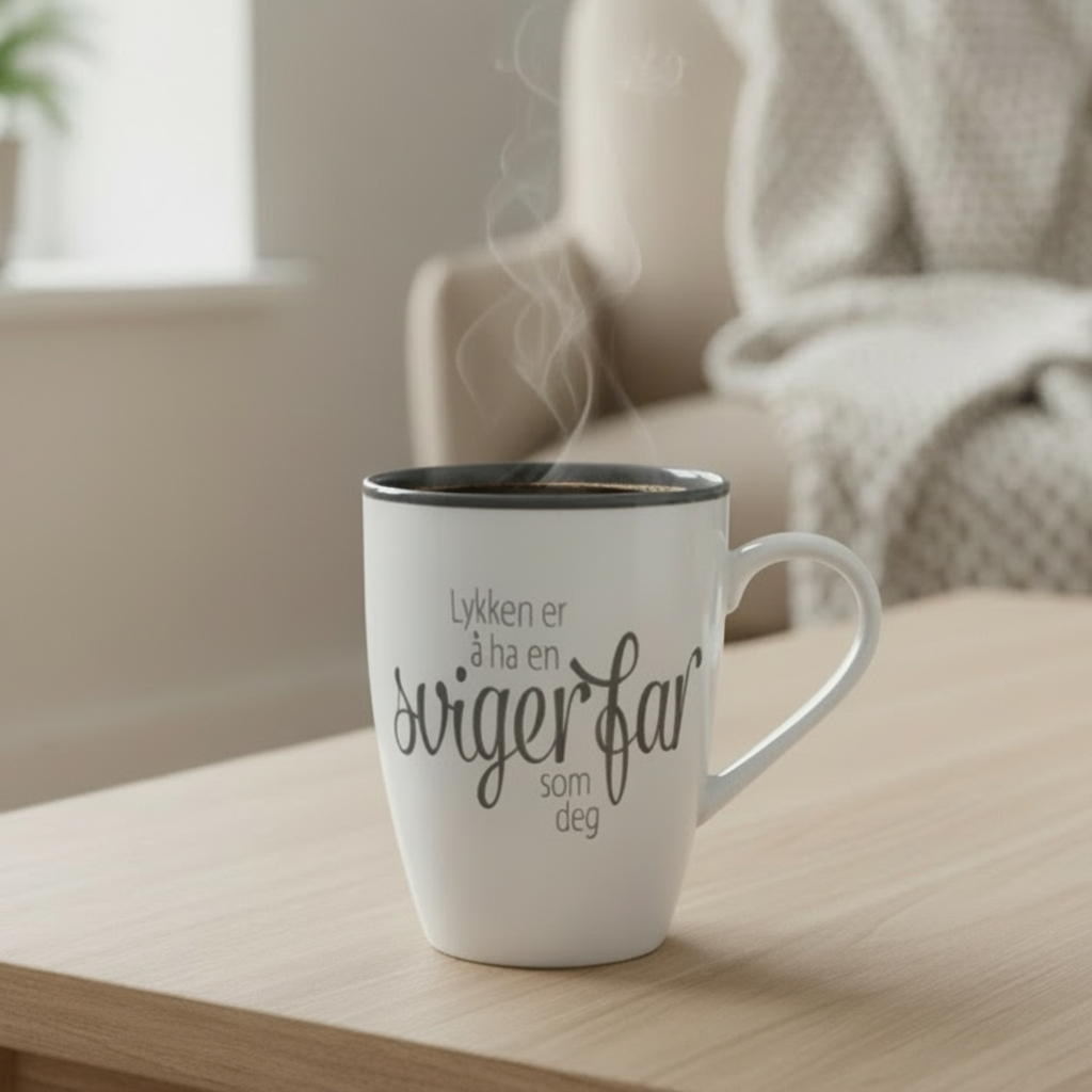 Hvit kopp med teksten "Lykken er å ha en svigerfar som deg" på trebord, med plante og pledd i bakgrunnen.