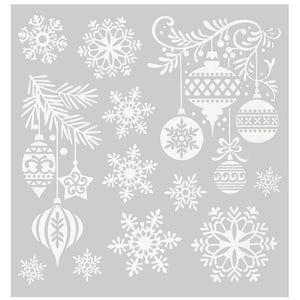 Julestickers med glitter 6 design 31,5 x 30,4 cm, ark med julekuler, grankvister og snøkrystaller