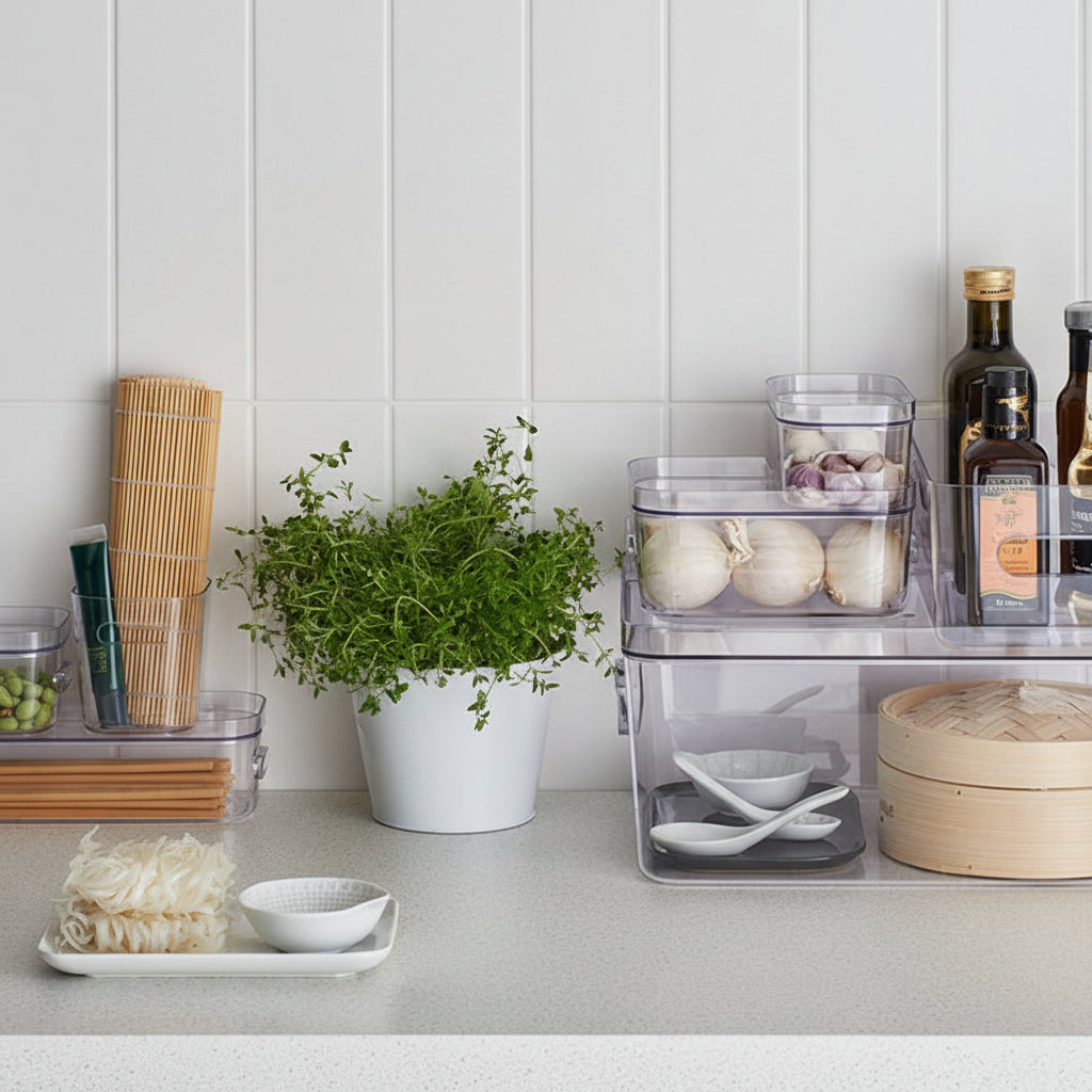 Klart plastlokk til oppbevaringsboks sett skrått