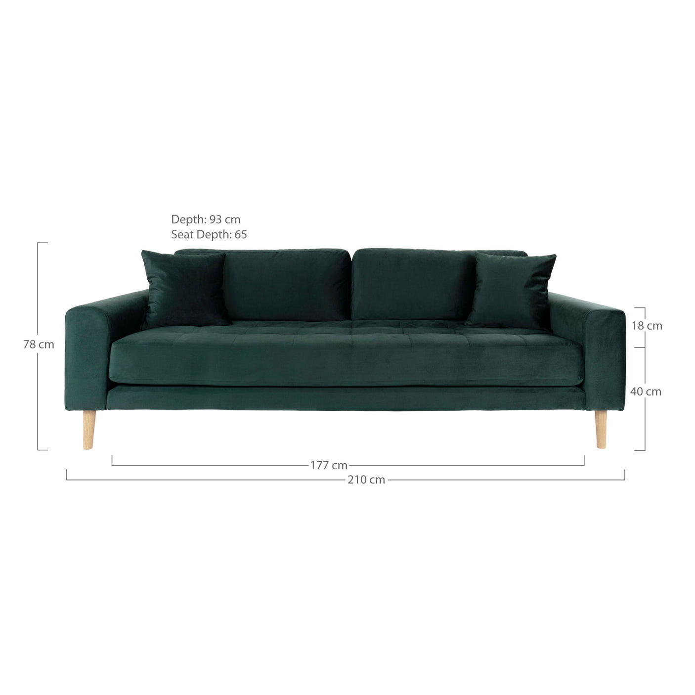 Måltegning av Lido 3 seters sofa i mørkegrønn velur
