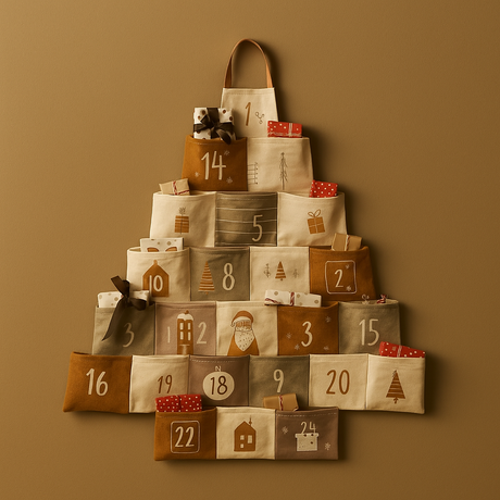 Adventskalender i stoff formet som juletre med 24 lommer, fylt med små gaver, i varme jordtoner.
