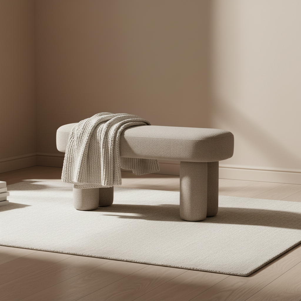 Detaljbilde av sandfarget tekstil på Weston benk – polstret overflate. herobilde