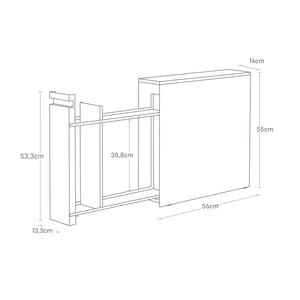 Sort og tre kombinert oppbevaringsmøbel plassert ved toalett.
