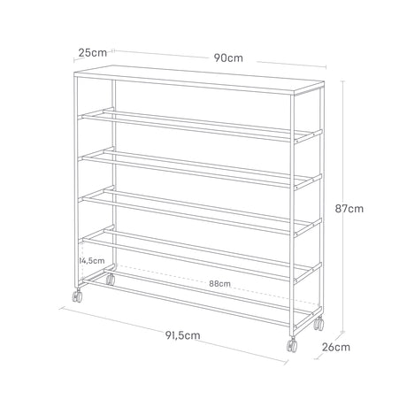 Illustrasjon av skohylle med 5 nivåer og metallramme