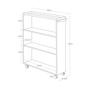 Smal sort hyllevogn med bøker og dekor i stue.