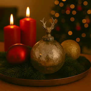 Sølvfarget julekule med hjortehode på pyntefat med granbar, røde lys og juletre i bakgrunnen.