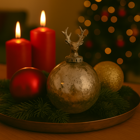 Sølvfarget julekule med hjortehode på pyntefat med granbar, røde lys og juletre i bakgrunnen.