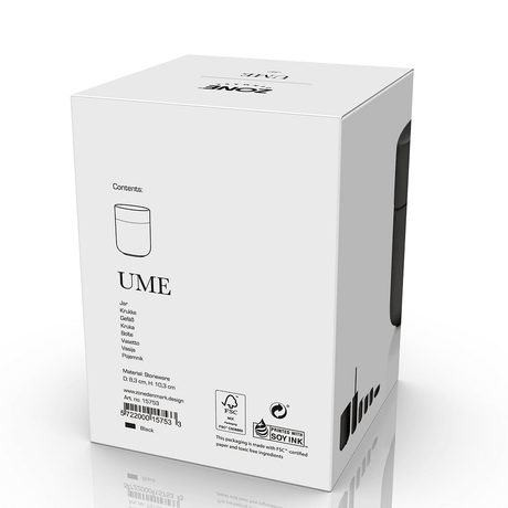 Produktemballasje med produktinformasjon til Ume krukke med lokk