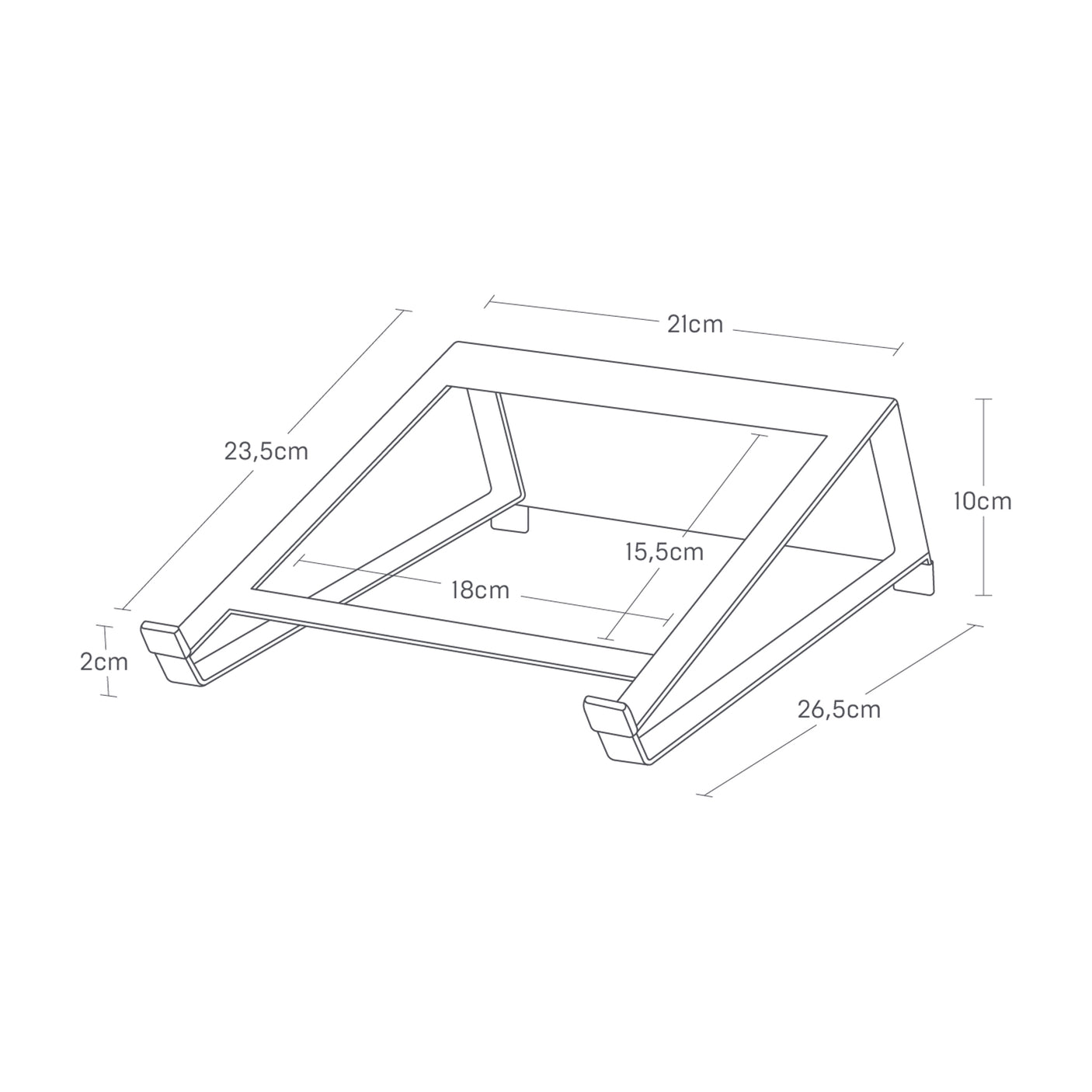 Sort metallstativ på skrivebord med laptop og notatbok ved siden av.