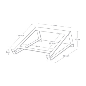 Sort metallstativ på skrivebord med laptop og notatbok ved siden av.