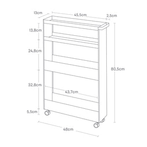 Flyttbar sort oppbevaringsvogn i smal design ved vaskerom.