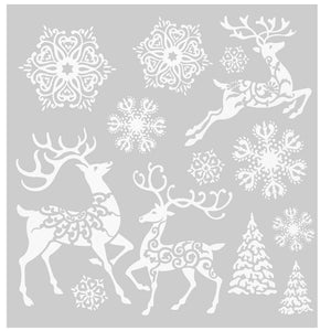 Julestickers med glitter 6 design 31,5 x 30,4 cm, ark med reinsdyr, snøkrystaller og juletrær