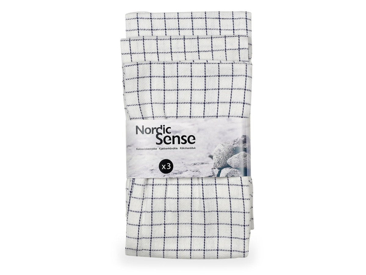 Kökshandduk Nordic Sense i vit bomull med blå rutor, trepack med banderoll