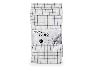 Kökshandduk Nordic Sense i vit bomull med blå rutor, trepack med banderoll
