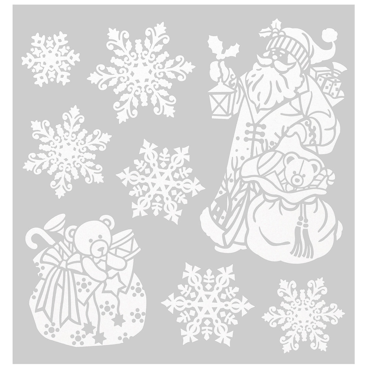 Julestickers med glitter 6 design 31,5 x 30,4 cm, ark med snøkrystaller, nisse og to barn