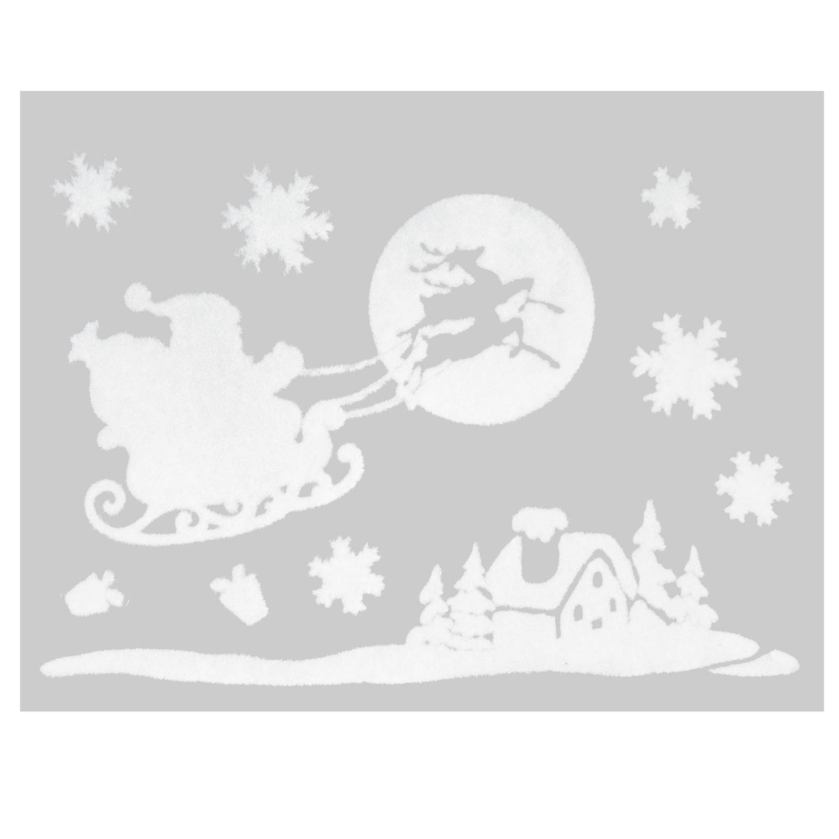 Julestickers nisse, snømann og pingvin 4 design 29 x 40 cm, nissen med slede foran månen