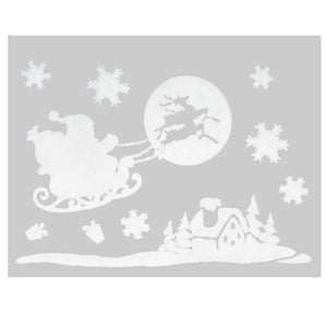 Julestickers nisse, snømann og pingvin 4 design 29 x 40 cm, nissen med slede foran månen