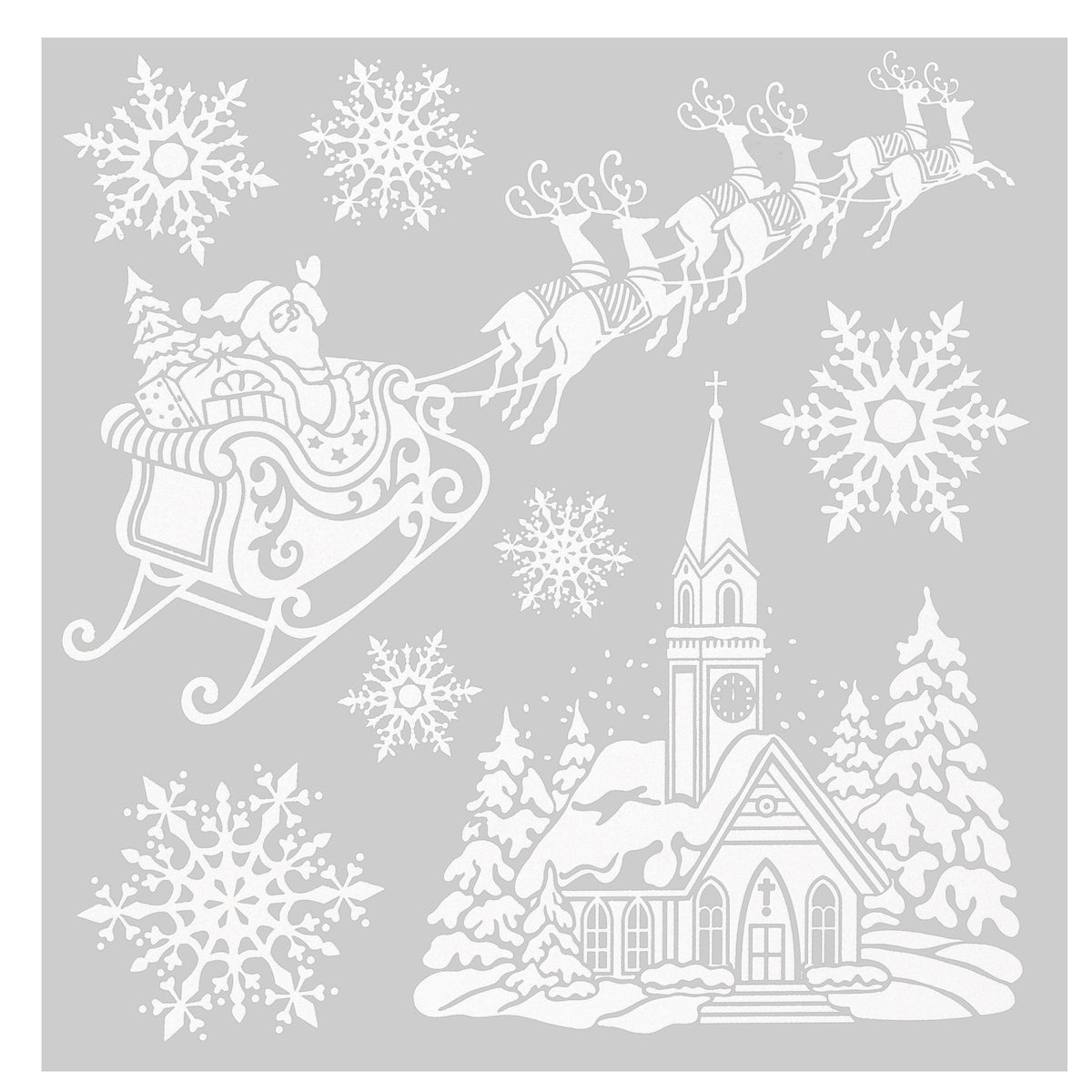 Julestickers med glitter 6 design 31,5 x 30,4 cm, ark med slede og vinterlandsby